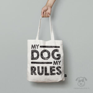 Torba "My dog, my rules" idealna dla właściciela psa na zakupy, na spacer czy na wycieczkę. Na prezent dla miłośnika zwierząt czy jako gadżet dla wielbiciela psów.