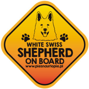 Naklejka na samochód z psem rasowym (biały owczarek szwajcarski) idealna dla właściciela, który lubi podróżować z psem i dba o jego bezpieczeństwo. Na prezent dla miłośnika zwierząt czy jako gadżet dla wielbiciela psów.