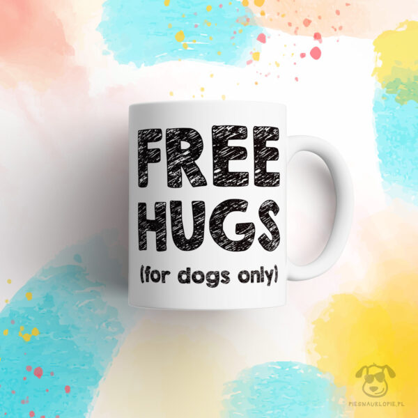 Kubek "Free hugs for dogs only" idealny dla właściciela psa do pracy, do domu i w podróż. Na prezent dla miłośnika zwierząt czy jako gadżet dla wielbiciela psów.