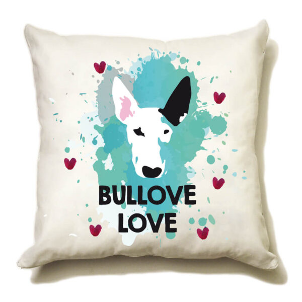 Poduszka "bullove love" idealna dla właściciela psa rasowego (bulterier). Na prezent dla miłośnika zwierząt czy jako gadżet dla wielbiciela psów.