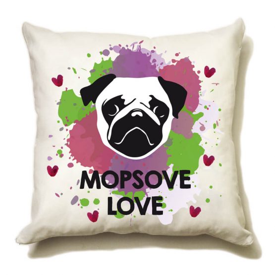 Poduszka "mopsove love" idealna dla właściciela psa rasowego (mops). Na prezent dla miłośnika zwierząt czy jako gadżet dla wielbiciela psów.