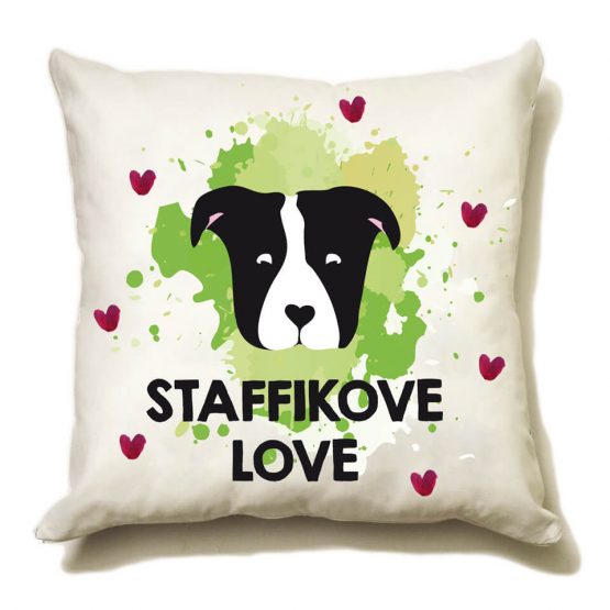 Poduszka "staffikove love" idealna dla właściciela psa rasowego (stafforshire bull terrier). Na prezent dla miłośnika zwierząt czy jako gadżet dla wielbiciela psów.