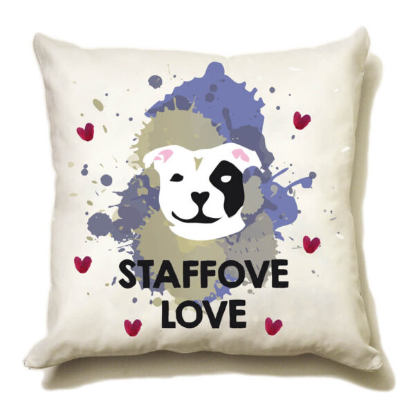 Poduszka "staffove love" idealna dla właściciela psa rasowego (staffordshire terrier). Na prezent dla miłośnika zwierząt czy jako gadżet dla wielbiciela psów.