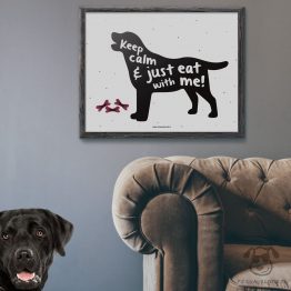 Plakat "Keep calm and just eat with me" idealny dla właścicieli psów rasy labrador. Na prezent dla miłośnika zwierząt czy jako gadżet dla wielbiciela psów.