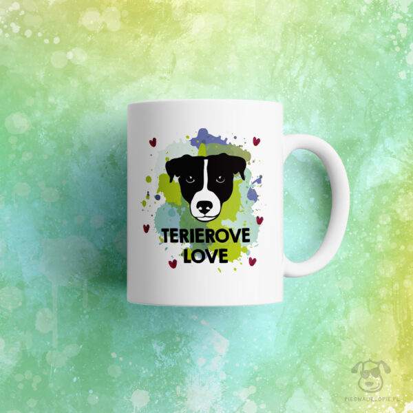 Kubek "Terrierove love" idealny dla właściciela psa rasowego (jack russel, parson russel terrier) do pracy, do domu i w podróż. Na prezent dla miłośnika zwierząt czy jako gadżet dla wielbiciela psów.