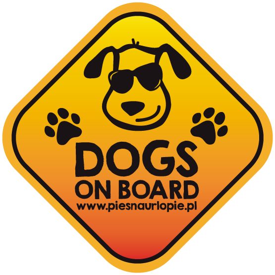 Naklejka na samochód z psem "Dogs on board" (psy na pokładzie).