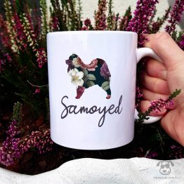 Kubek z pasem – Samoyed cały w kwiatach. Autorski projekt, delikatność wzoru, piękno kwiatów i miłość do psów w jednym :)