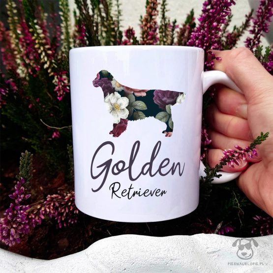Kubek z pasem – Golden retriever cały w kwiatach. Autorski projekt, delikatność wzoru, piękno kwiatów i miłość do psów w jednym :)