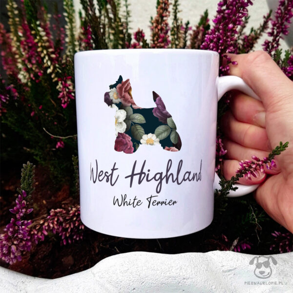 Kubek z pasem – West highland white terrier cały w kwiatach. Autorski projekt, delikatność wzoru, piękno kwiatów i miłość do psów w jednym :)