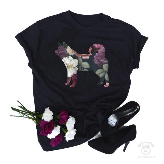 Koszulka z akita inu cała w kwiatach