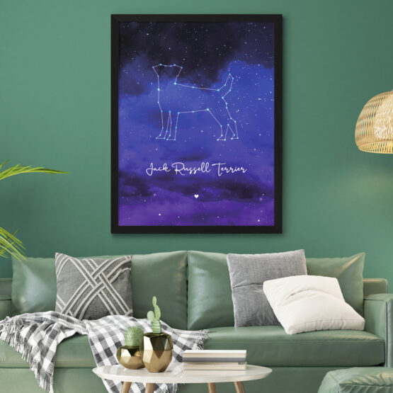 Plakat z psem - jack russel terrier z gwiazd na nocnym niebie.